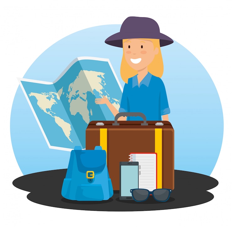 Vetor grátis turista de mulher com mapa global e mochila