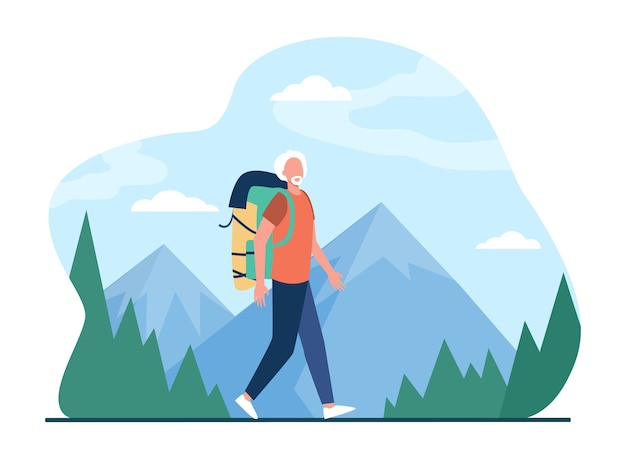 Vetor grátis Último homem caminhando nas montanhas. turista masculina de cabelos grisalhos com ilustração plana de mochila.