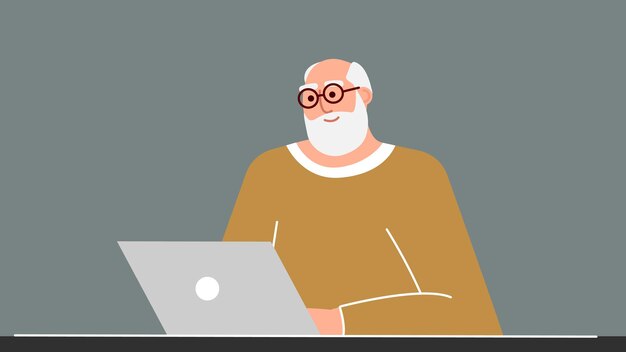 Último homem estuda e ensina tecnologias modernas usando um laptop. um avô com um sorriso positivo senta-se em um computador, se comunica na internet e aprende coisas novas. o adulto trabalha. vetor.
