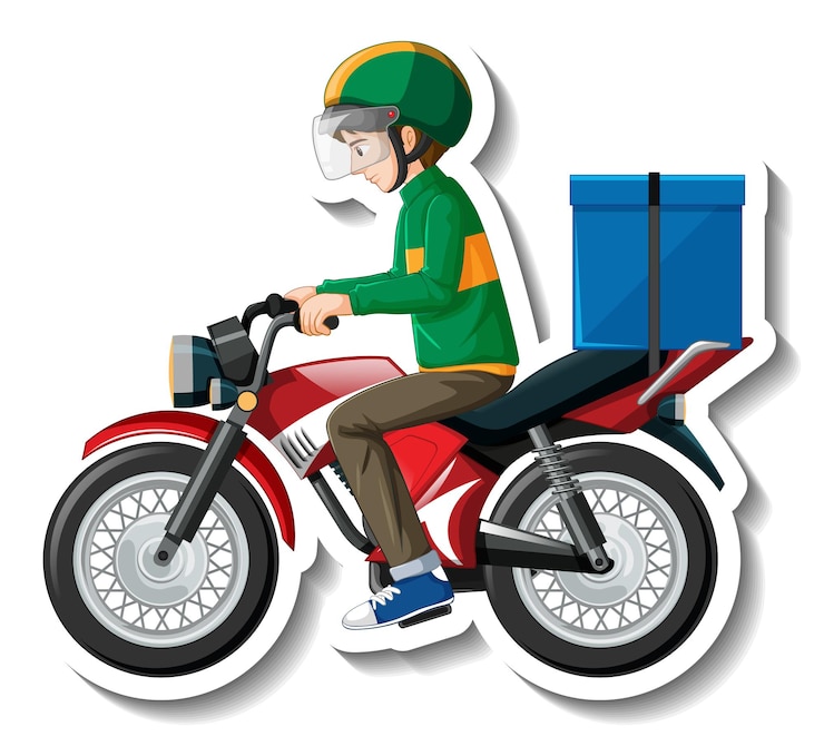 Vetor grátis um adesivo com um entregador em motocicleta