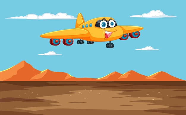 Vetor grátis um avião de desenho animado alegre sobre o deserto