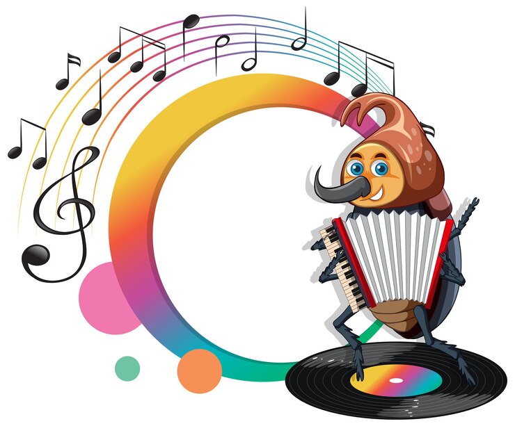 Vetor grátis um besouro tocando personagem de desenho animado de acordeão