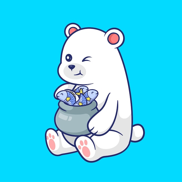 Vetor grátis um bonito urso polar comendo peixe vector de desenho animado icon ilustração icon de comida animal vector plano isolado