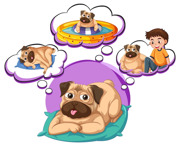 Vetor grátis um cão pensando com muitos textos explicativos