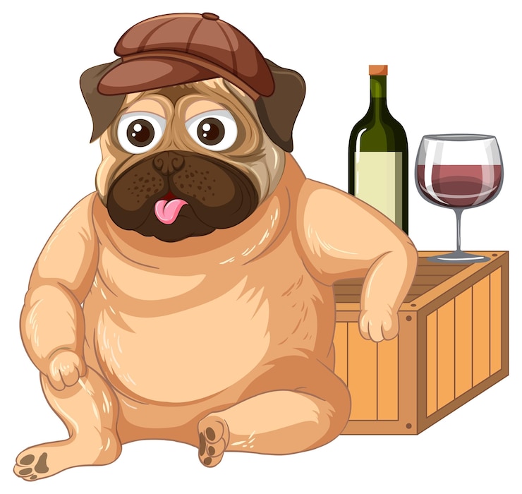 Vetor grátis um cão pug com garrafa de vinho e copo