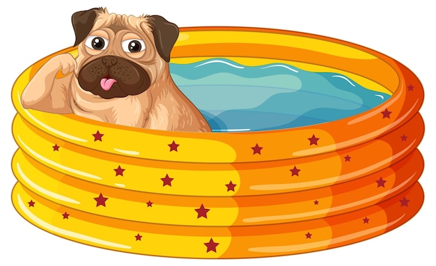 Um cão pug em desenhos animados de piscina inflável