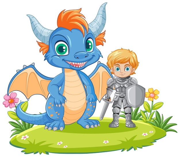 Vetor grátis um cavaleiro de desenho animado com um dragão.