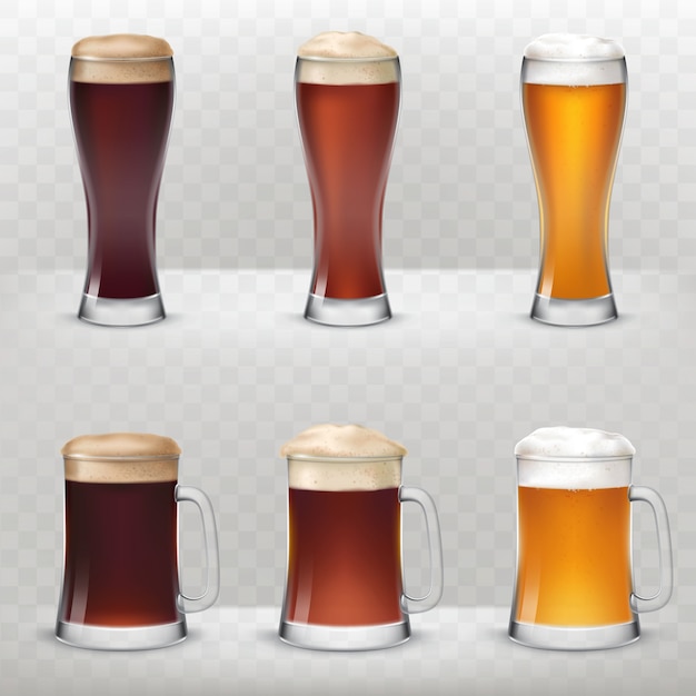 Um conjunto de canecas e copos altos de diferentes tipos de cerveja.