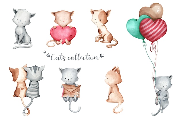 Um conjunto de ilustração de gatos bonitos em estilo aquarela para adesivos livros roupas tecidos presentes