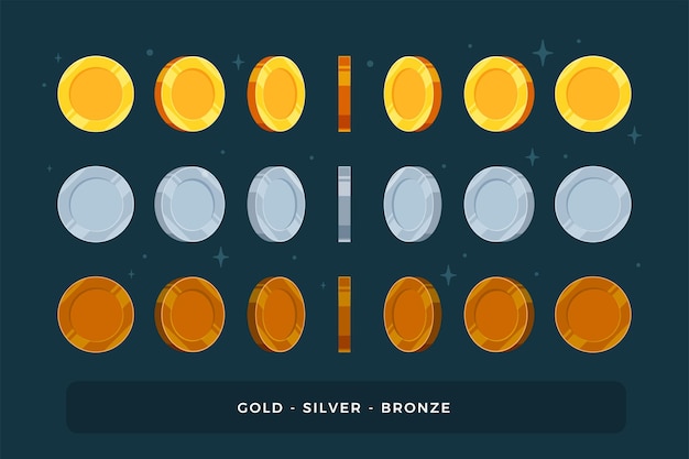 Um conjunto de moedas de ouro, prata e bronze. isolado