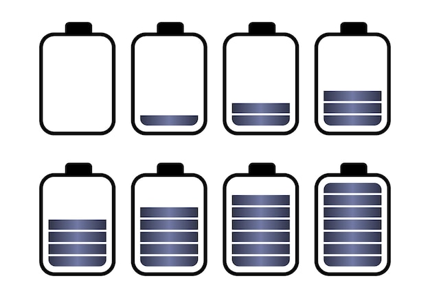 Um conjunto de oito baterias com diferentes indicadores de carga. ilustração vetorial