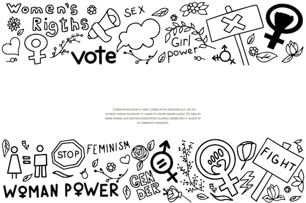 Um conjunto de sinais de doodle dos direitos das mulheres do feminismo grunge ícones vetoriais desenhados à mão do protesto do feminismo ...