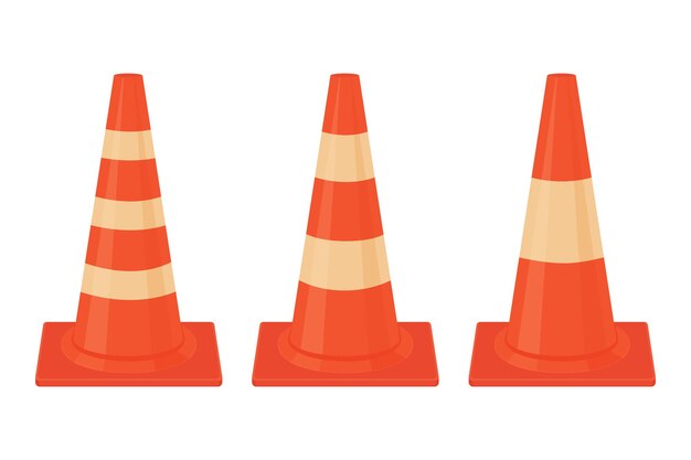 Um conjunto de três cones de trânsito laranja cones de trânsito para a sinalização viária e para garantir a segurança do trabalho ...