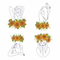 Vetor grátis um conjunto doodle girassóis e mulheres as flores meninas no estilo de arte de linha