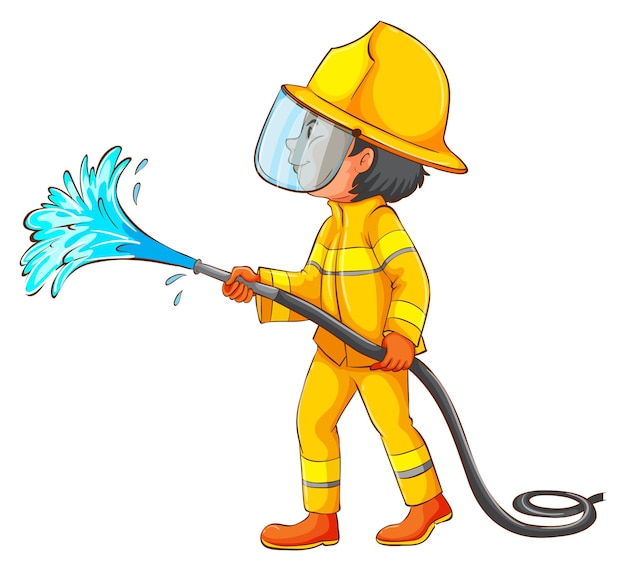 Desenhos animados de fogo como mascote de bombeiro com mangueira