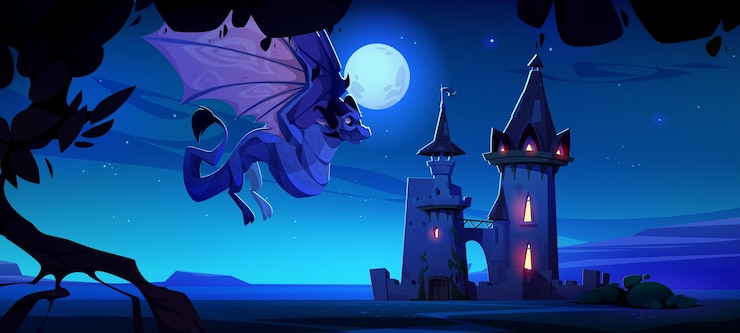Vetor grátis um dragão de fantasia assustador a voar perto do castelo à noite.