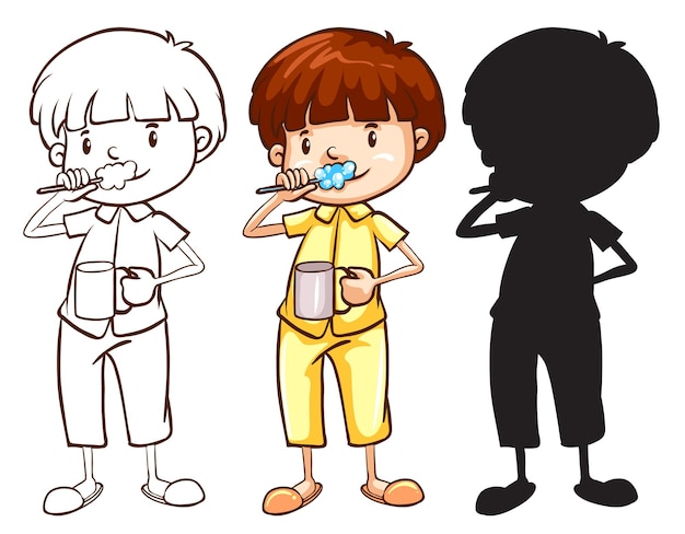 Um esboço de um menino escovando os dentes em cores diferentes