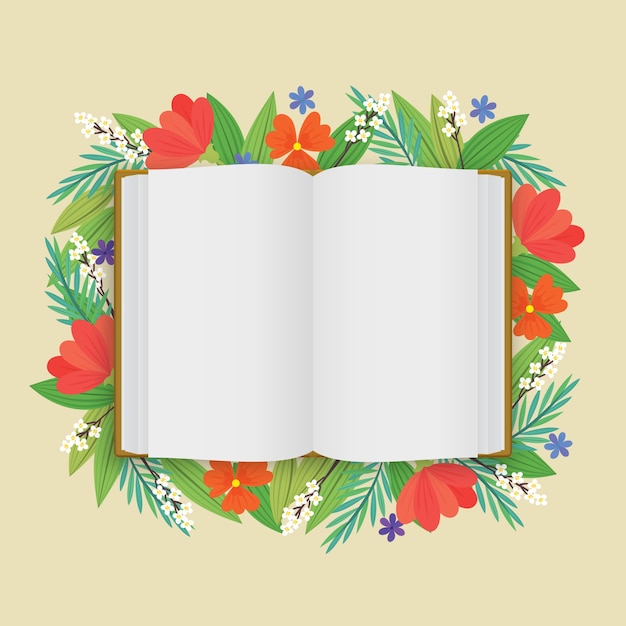 Vetor grátis um espaço em branco livro aberto branco com flores em estilo plano