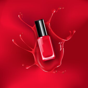Um frasco de esmalte vermelho com salpicos em um fundo de cor vermelha. ilustração vetorial 3d