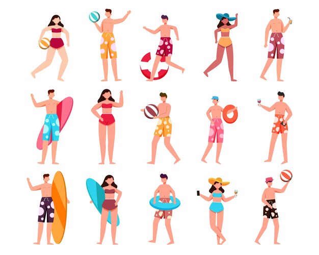 Um grupo de 15 personagens masculinos e femininos em trajes de banho e poses com recursos