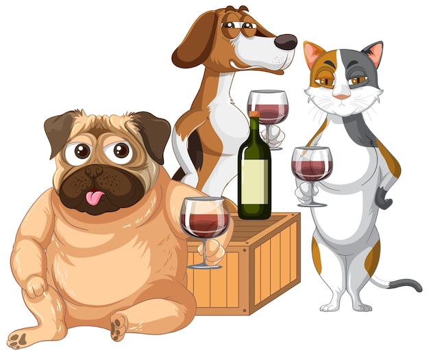 Um grupo de gato e cachorro bebendo vinho