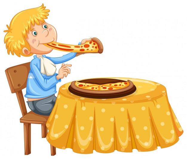 Um homem comendo pizza no fundo branco
