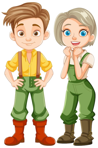 Vetor grátis um jovem casal de agricultores no estilo de desenho animado vetorial