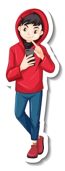 Um jovem com capuz vermelho olhando para um smartphone em fundo branco