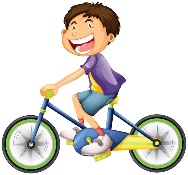 Vetor grátis um jovem personagem de desenho animado andando de bicicleta isolado