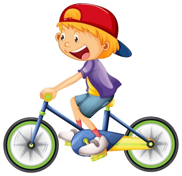 Um menino andando de bicicleta, personagem de desenho animado isolado no branco