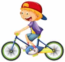 Vetor grátis um menino andando de bicicleta, personagem de desenho animado isolado no branco
