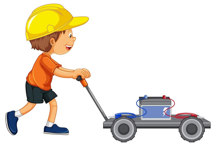 Vetor grátis um menino com bateria no carrinho