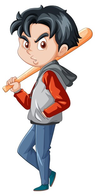 Um menino de pé com taco de beisebol em fundo branco