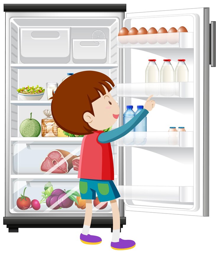 Vetor grátis um menino e geladeira com muita comida