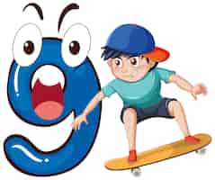 Vetor grátis um menino jogando skate com o número nove dos desenhos animados