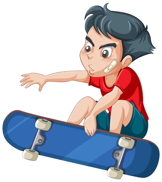 Um menino jogando skate no fundo branco