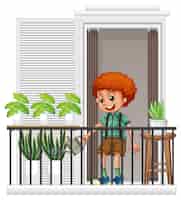 Vetor grátis um menino regando plantas na varanda