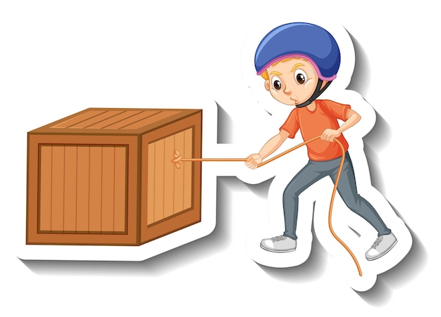 Um menino usando capacete puxando uma caixa no fundo branco