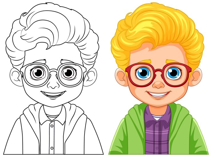 Vetor grátis um menino usando óculos para colorir