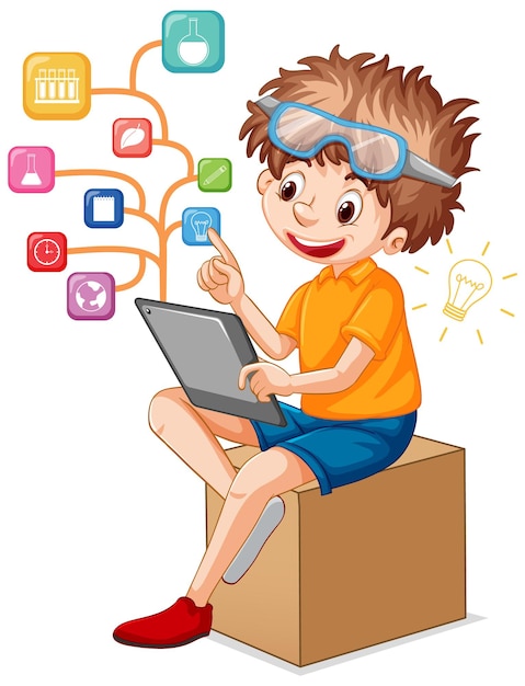Vetor grátis um menino usando tablet para ensino à distância online