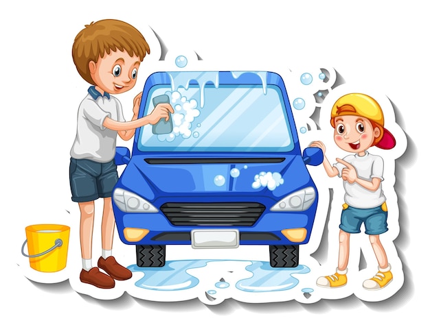 Um modelo de adesivo com o pai lavando carro com o filho