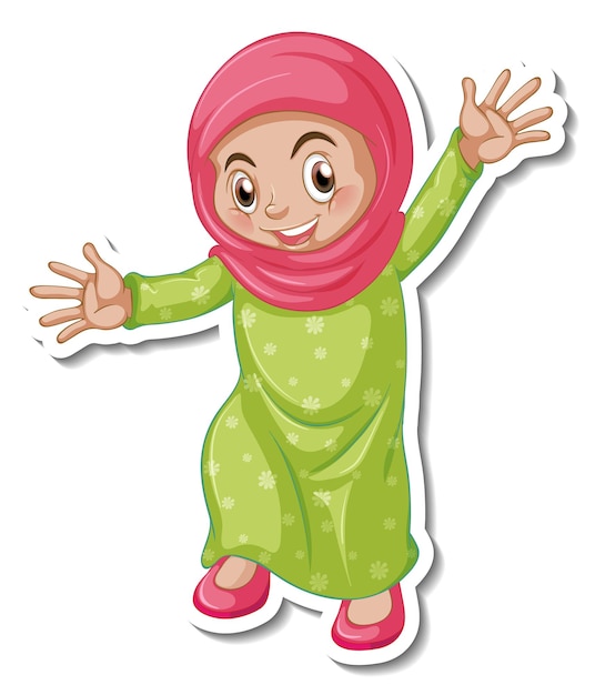 Vetor grátis um modelo de adesivo com personagem de desenho animado de menina muçulmana