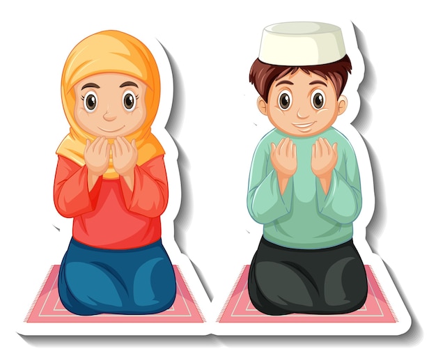 Um modelo de adesivo com um menino e uma menina muçulmanos orando