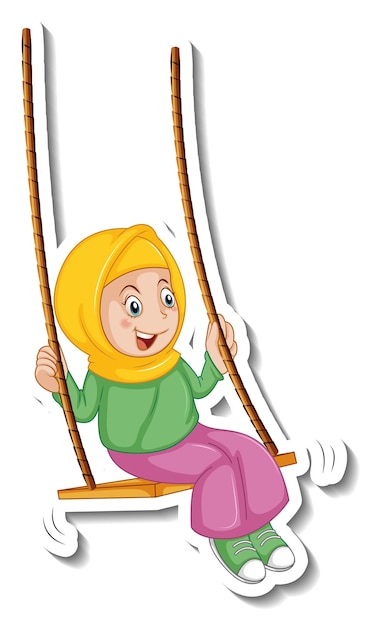 Vetor grátis um modelo de adesivo com uma garota muçulmana brincando de personagem de desenho animado