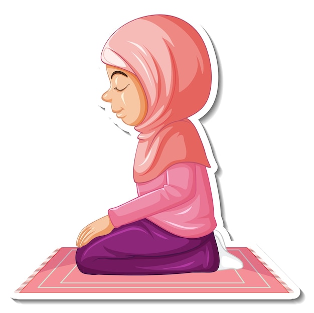 Um modelo de adesivo com uma garota muçulmana sentada no tapete e orando