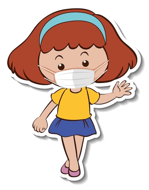 Um modelo de adesivo com uma garota usando máscara médica personagem de desenho animado
