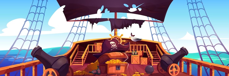 Vetor grátis um navio pirata a navegar no mar com um tesouro no convés.