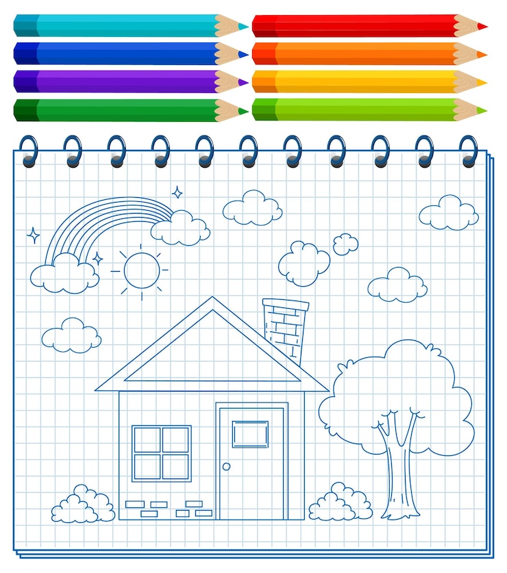 Vetor grátis um notebook com um desenho de esboço de doodle e lápis de cor