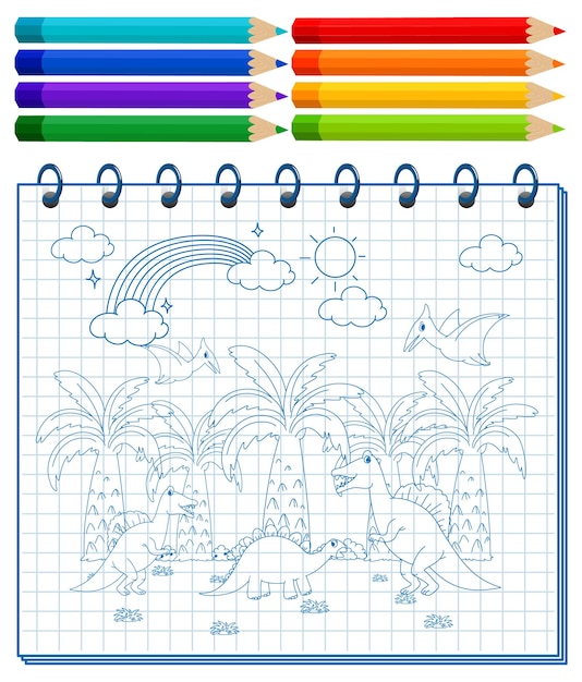 Um notebook com um desenho de esboço de doodle e lápis de cor