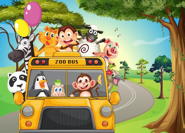 Um ônibus cheio de animais de zoológico